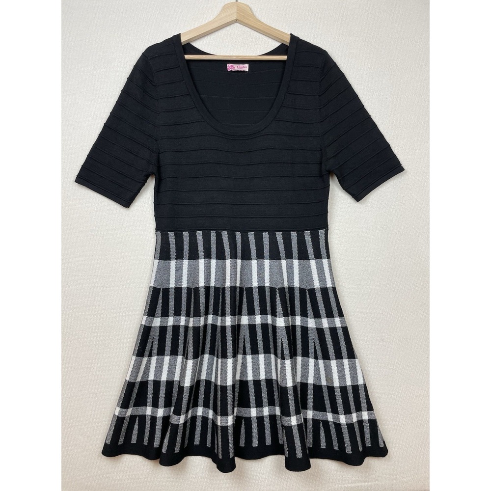 Candies Y2K Fit & Flare Women's Ribbed Knit Short Dress XL* Black & White Skater
